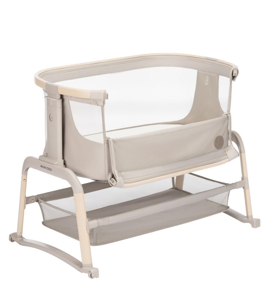 Maxi-Cosi Iora Air Lettino neonato, lettino co-sleeping con materasso imbottito, funzione dondolo, regolabile in altezza, reclinabile,tessuti riciclati ecologici e traspiranti, 0-9 kg, Beige