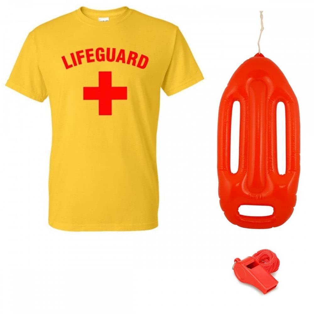 A2ZFDAdult Lifeguard T-Shirt + Inflatable Float + Red Whistle : Mens Ladies Life Guard 80s Fancy Dress Costume Accessory Set