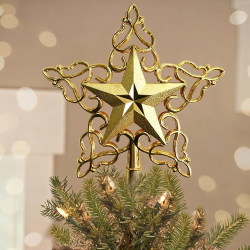 Youchicnow ゴールドスター 22 x 20.5cm 豪華 五芒星 バロック 装飾ツリートップ 北欧風 3D 光沢とまだらのある表面処理のスター 星 クリスマスツリートップ プレゼント ゴールド おしゃれ 星型トップスター クリ オーナメント 屋外 Gold Baroque Merry Christmas Star Tree Topper in Shiny&Mottled Finish