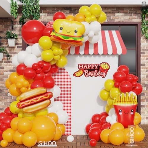 Fast Food Hot Dog Party Decorations 140PCS Red Yellow Balloon Garland Acrh Kit with Hamburger French Fries and Hot Dog Foil Balloon for Junk Fast Food Picnic Themed Birthday Baby Shower Party Supplies