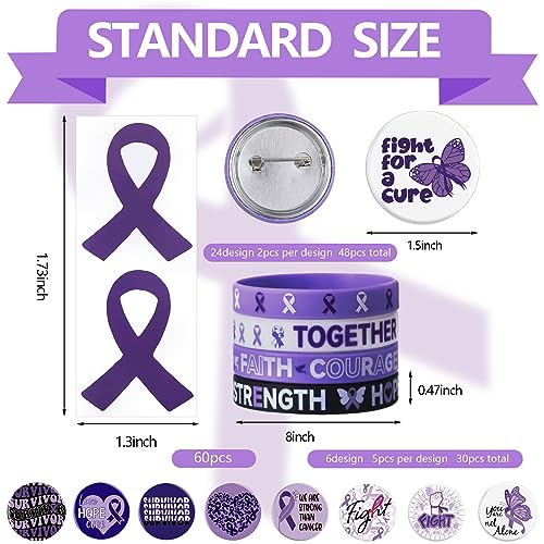 138 Pcs Purple Ribbons Awareness Accessories 30 Purple Ribbons Bracelet Silicone Wristband 48 Violet Round Pin Buttons and 60 Stickers for Domestic Violence Alzheimer's Pancreatic Cancer2