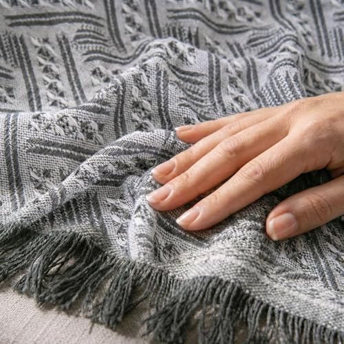 LHGOGO Sofa Überwurf aus Baumwolle | Waffle Jacquard Webart | Sofaüberwurf Decke als Couchbezug mit Fransen | Für Ecksofa, 2-Sitzer & als kuschelige Wohndecke, 180x230cm Hellgrau