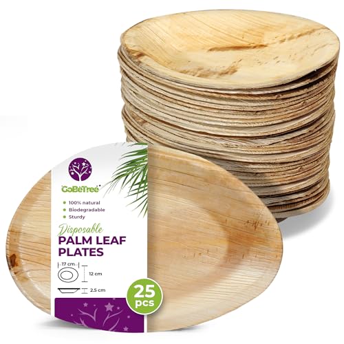 GoBeTree Bandejas de Hoja de Palma pequeñas, 25 Platos Oval de 17 x 12 cm. vajilla Rustica de Madera para barbacoas y Fiesta. Alternativa a Bandeja Bambú
