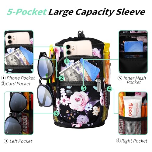 Image of Neoprene One Gallon Water Bottle Sleeve with 4 Pockets & Paracord Handle, 128 oz Metal Water Jug Bottle Pouch Sling Bag with Adjustable Strap for Walking, Sport-Black Flower