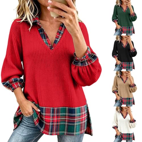 Christmas Sweatshirts for Women V-Neck Waffle Knit Patchwork Plaid Shirt - image 1
