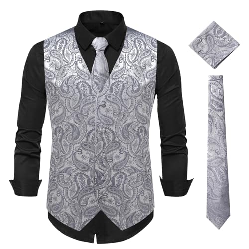 Cambkatl Paisley Vest and Tie Sets for Men Formal Floral Jacquard Suit Vests Ties Pocket Square 3PCS Tuxedo Waistcoat