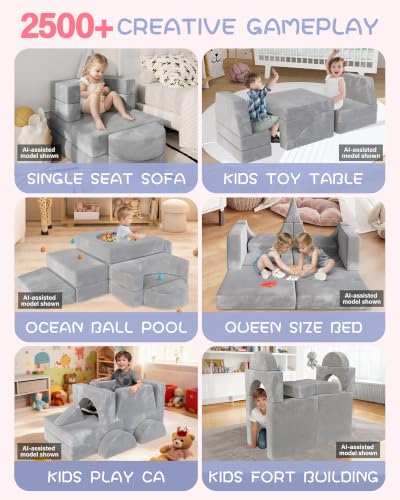 Image of YEFU 15pcs Modular Kids Play Couch,1000+ Imagination Creative Play | for kids ages 1+,7 shapes,countless configurations,30D high-density foam,fort building,washable cover, playroom,birthday gift