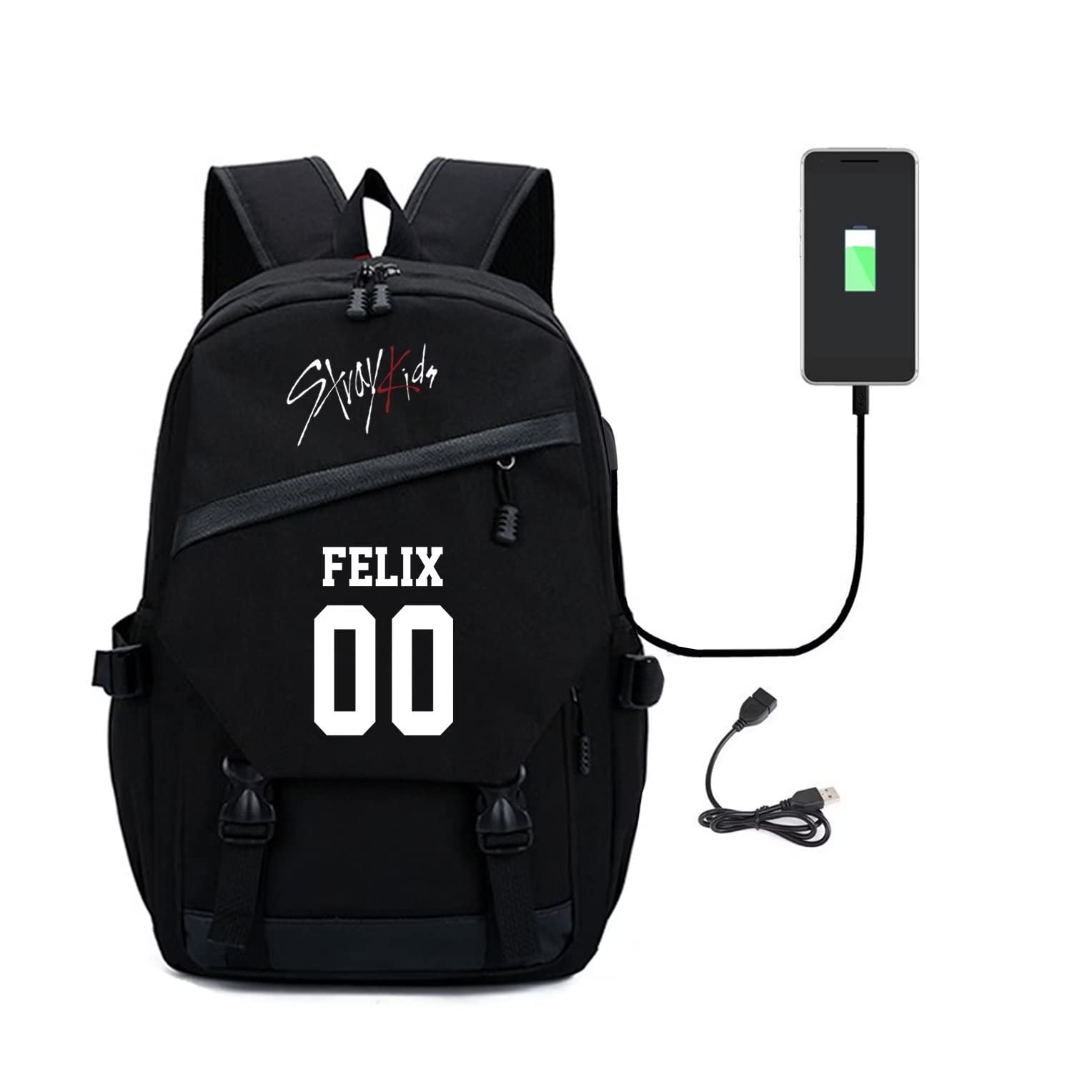 Skz Canvas Backpack with USB Charging Port Jisung Woojin Felix Bangchan Minho and Seungmin Knapsack