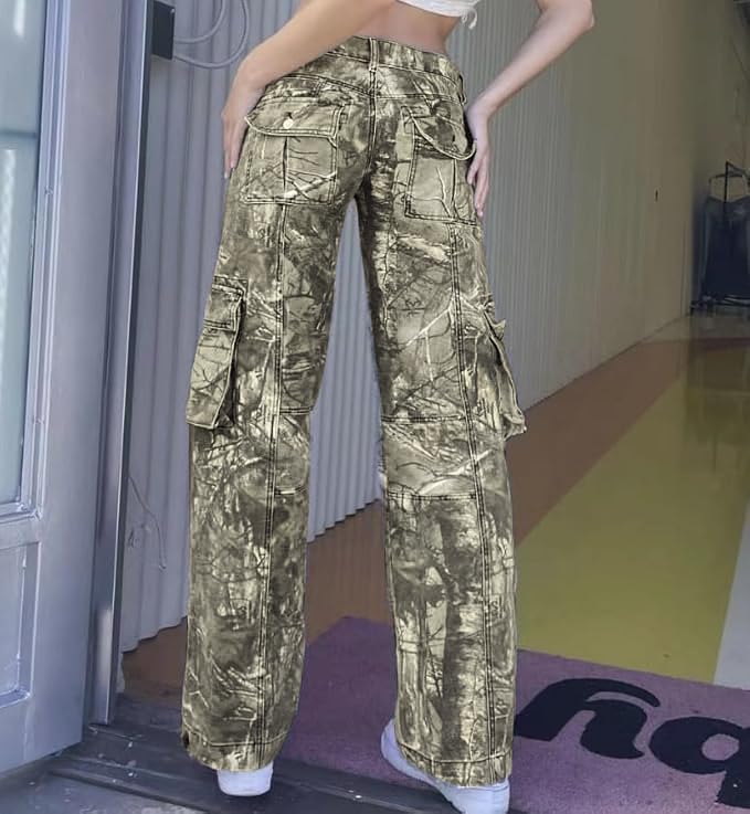 heyheyshine Cargo Pants Women Camo Low Waist Straight Wide Leg Casual Pants with Pockets Baggy Y2K Trousers Streetwear3