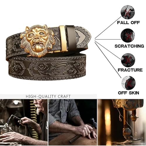 Men's Leather Ratchet Belt With Gold Lion Head Automatic Buckle, 1 3/8" Western Cowboy Embossed Strap2