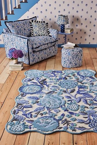 Image of FloorFusion 'Floral' Design Premium Rug Loop Cut High Low Pile Woolen Carpet for Living Room Bedroom Drawing Room Hall and Floor Size 6 x 8 feet (180x240 cm) Color Ivory & Blue Multi