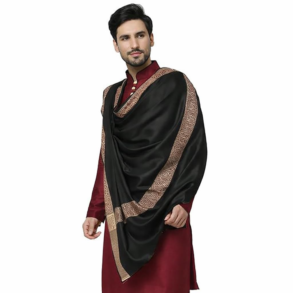 Traditional Shawl for Men, Black with Golden Border X-Large Size.-image-17