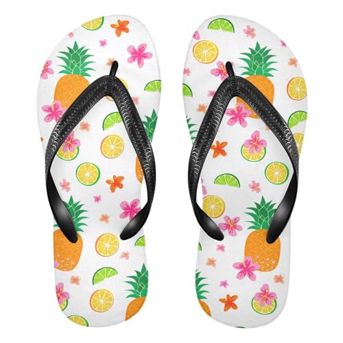 Pineapple Hibiscus White Flip Flops for Beach Thong Sandals Anti-slip Lightweight Flat Slippers for Summer Travel Swim