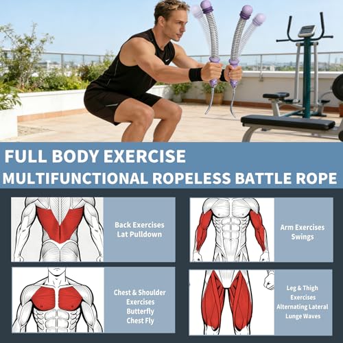 Image of Pinailon Ropeless Battle Ropes, Workout Exercise Rope for Strength Building, Heavy Duty Portable Cordless Battle Ropes for Home Gym, HIIT and Low-Impact Aerobic Training for Men & Women, Purple