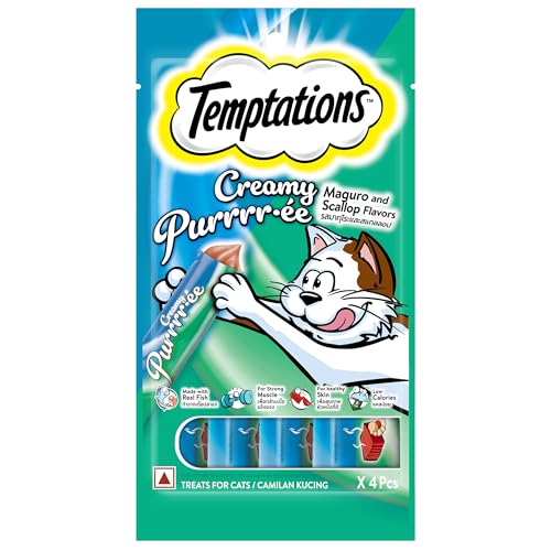 Temptations Creamy Purrrrr-ée Lickable Cat Treats, Maguro and Scallop Flavour, 48 G, Made with Real Fish, Goodness of Protein, Vitamins & Minerals,All