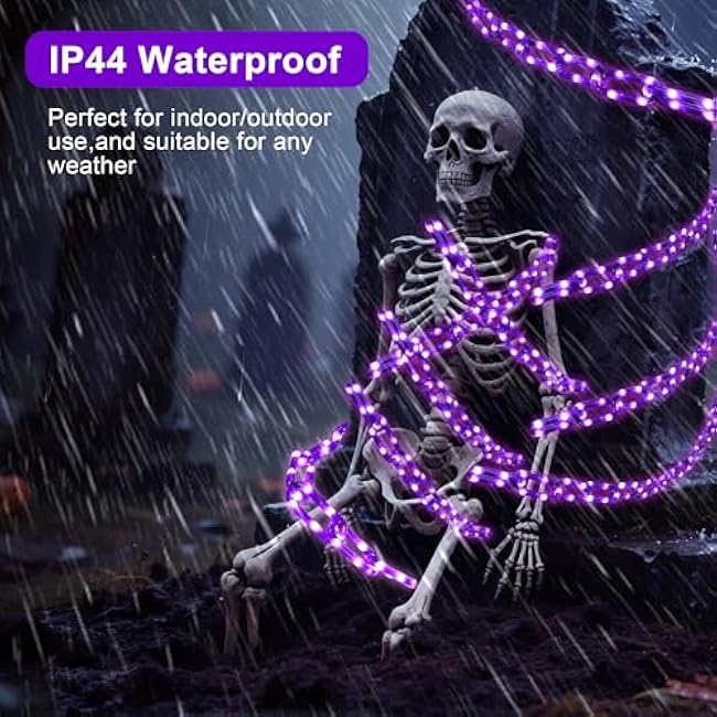Battery Operated Halloween Lights, 10.5FT 175 LED Plastic Chains Lights, 8 Modes Waterproof Timer String Light for Skeleton Dog Creepy Costumes Accessories Spooky Outdoor Decorations(Purple)