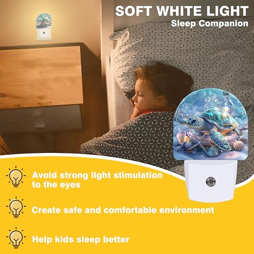 Image of Ocean Animal Night Light, Sea Turtle and Seashell Night Lights Plug into Wall Dusk to Dawn Sensor Round Nightlight for Women Men Energy Efficient Led Lamp 0.5W for Stairway Hallway Bedroom