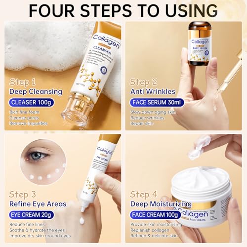 Collagen Skin Care Set, Anti Aging Skincare Set for Reduce Wrinkles, Shrink Pores, Smooth Fine Lines, Hydrating, 4 Pcs Travel Skincare Kits for Women with Cleanser, Serum, Cream, Eye Cream.