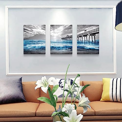 Wall Decorations For Living Room 3 Piece Framed Canvas Wall Art For Bedroom Office Wall Decor Black And White Wall Painting Blue Ocean Sea Wave Pictures Artwork For Modern Posters Prints Home Decor