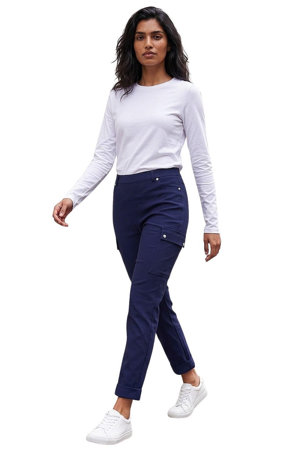 Roman Women's Navy Turn Up Stretch Cargo Trousers In Size 16