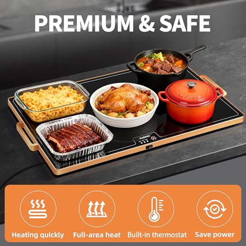 Image of Food Warming Mat (XL 24 inchx16 inch), Food Warmers for Parties Buffet and Daily Use, Full Surface Warm Evenly Electric Warming Tray with Button Temperature Control, Gold Handles Warming Mat for Food, Black