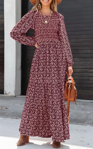 Image of PRETTYGARDEN Women's Fall Dresses 2026 Long Sleeve Flowy Casual Floral Maxi Dress Crew Neck Smocked Tiered Long Dress