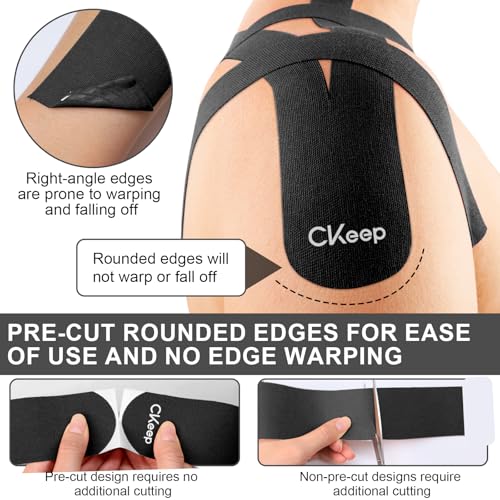 Image of CKeep Kinesiology Tape, 2 Rolls 2 Inch Wide Elastic Precut Strips, Black | Cotton Latex Free Hypoallergenic Breathable Athletic Tape, Sticky & Waterproof Kinetic Tape for Joint Support Injury & Sprain