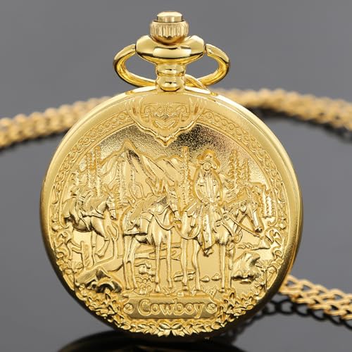 Image of Tiong Vintage Pocket Watch Engraved Cowboy Skull Wolf 3D Pattern Arabic Numerals Quartz Pocket Watch with Chain Best Gifts