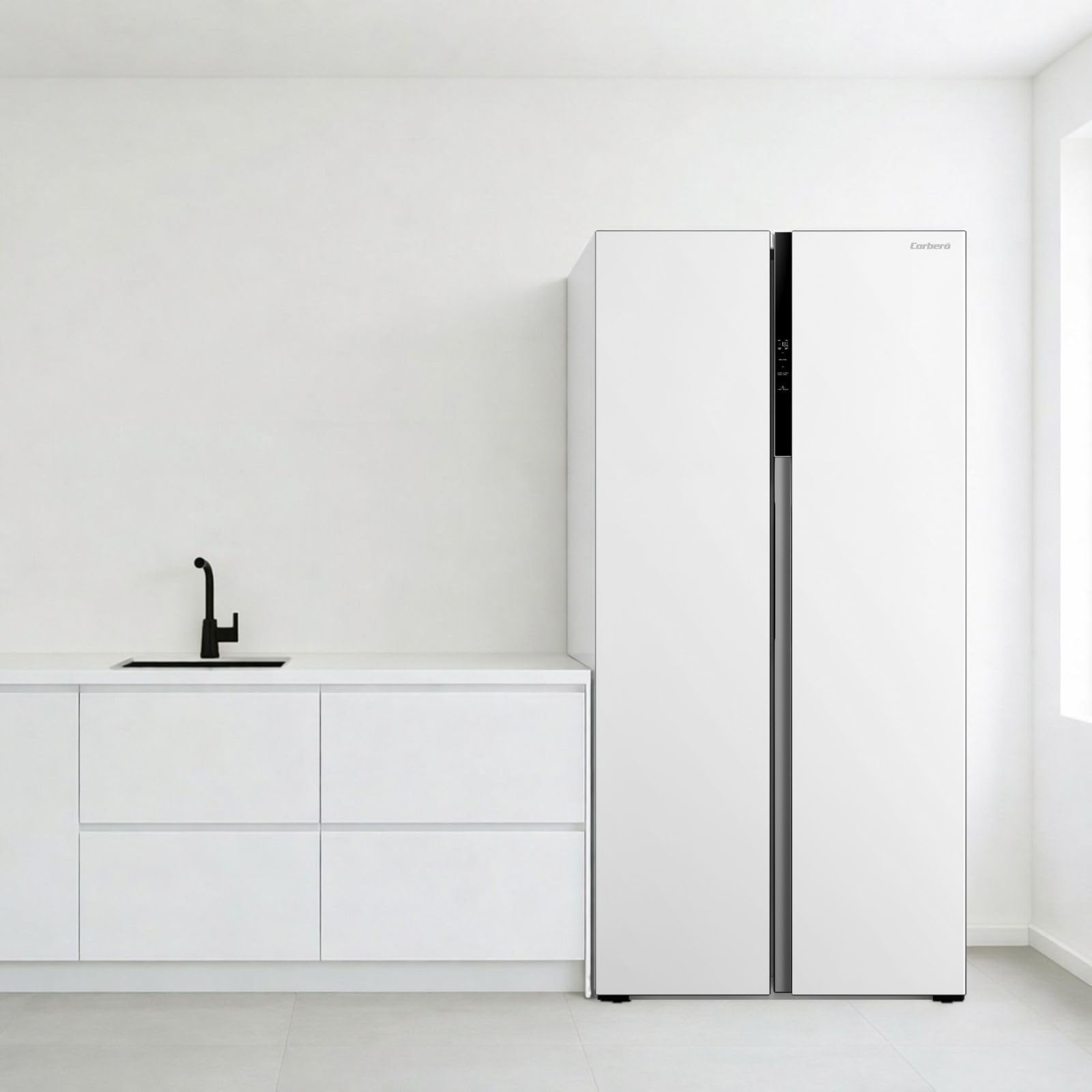 Corberó – Frigorífico Americano | CFSBSM460NFW | 460L | 177.5cm | No Frost | Motor Inverter |41 dB | Display en la puerta | Súper Enfriamiento | Súper Congelación | Blanco