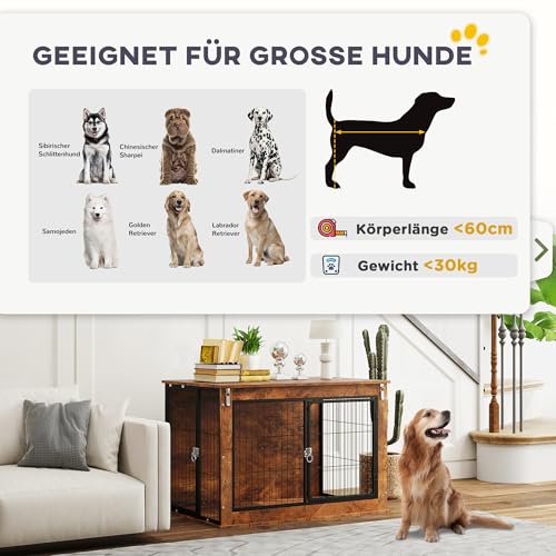 PawHut Hundekäfig Möbel, Hundebox für Zuhause, für große Hunde unter 30 kg, Hundehaus mit 2 verschließbaren Türen, Stahl, 98 x 60 x 65,5 cm, Rustikales Braun