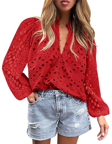 BETTE BOUTIK Women's Long Short Sleeve Tops 2025 Dressy Casual Button Hollow Out Lace Embroidered Blouses Shirts