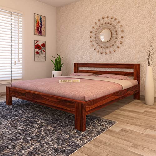 Image of Wooden King Size Bed Without Storage | Wooden Double Bed Cot Bed for Bedroom Furniture | Palang Double Bed for Hotels | Solid Sheesham Wood | Mattress Size: 78 X 72 Inch, Brown