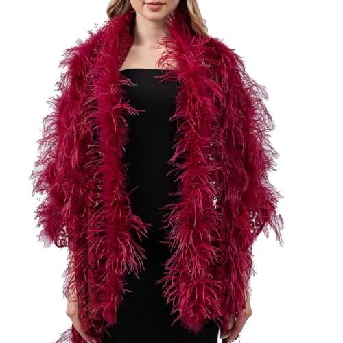 LVCOMEFF Women Lace Shawl With Ostrich Feather Layer Trimming Luxurious Holographic Sheer Mesh Cape Elegant For Party