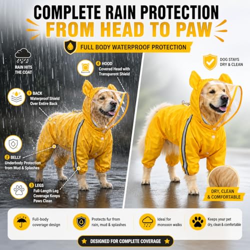Image of Full Body Dog Raincoat with Hood & Transparent Face Shield | Waterproof Pet Rain Suit with Leash Hole & Reflective Strip | Adjustable Rain Jacket | All Weather Protection Rainwear (Small)