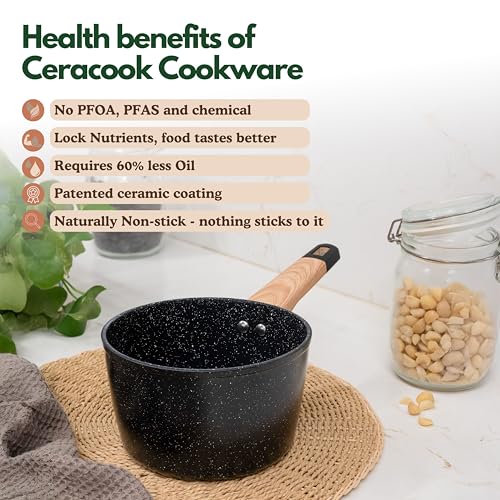 Image of Kreme Ceracook Ceramic Coated Granite Sauce Pan 1.8L /24cm with Glass Lid, ISI Certified Tea, Chai, Sauce Pot, Forged Aluminium, Gas & Induction Use, Non Toxic PFAS & PTFE Free, 1 Yr Warranty, Black