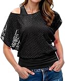 WILDPARTY Women Casual Sexy 80s Costumes Fishnet Neon Off Shoulder T-Shirt Two Pieces (Black-M)