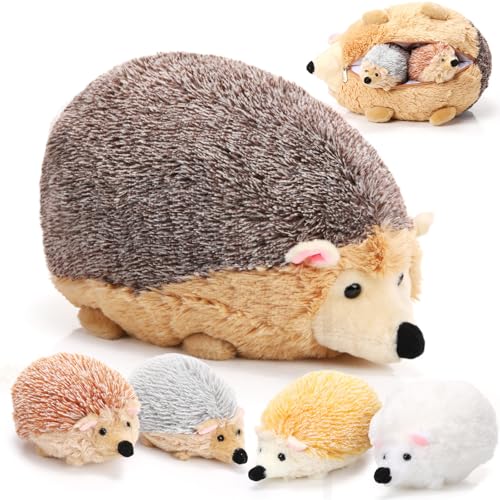 Hiboom 5 Pcs Hedgehog Stuffed Animal, 14 Inch Large Mommy Hedgehog Stuffed Plush Toys with 4 Plush Baby Soft Cuddly Plushie Toy Set Easter Gifts for Kids Birthday Gifts Party Favors(Lying Down)