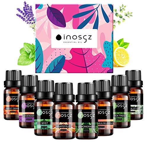 Essential Oils Set 100% Pure Aromatherapy Oil for Diffuser Humidifier Sleep Anxiety Relief Set-8 Pack 10ML(Lavender, Peppermint, Tea Tree, Eucalyptus, Lemongrass, Orange, Grapefruit and Relaxing Oil)