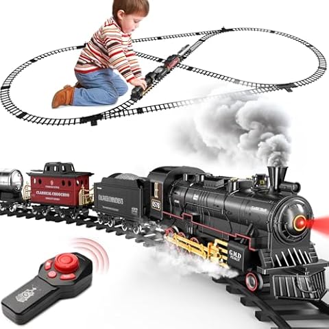 Hot Bee Train Set for Boys, Alloy Remote Control Train Toys with Steam Locomotive Cargo Cars Tracks, Trains with Realistic Smoke Sound Lights,Christmas Train Toys Gifts for 3 4 5 6 7 8+ Years Old Kids Cover