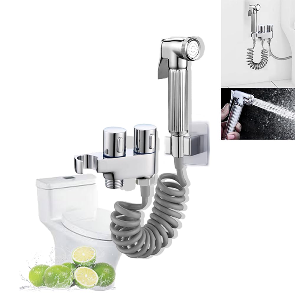 Ducha Higiénica WC con Soporte Integrado, Grifo Bidet de Latón con Manguera Espiral 1.5m, Fácil Instalación sin Obras, Pulverizador para Baño y Limpieza (Kit Actualizado)