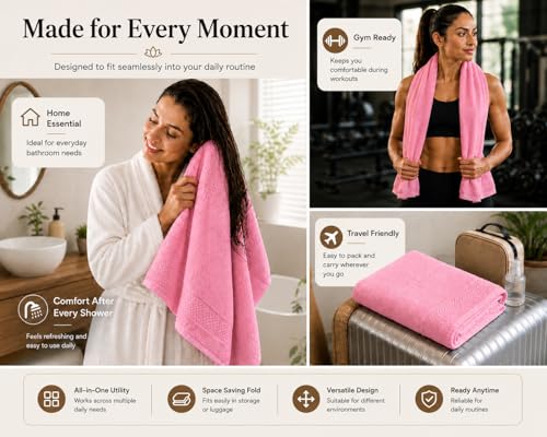 Image of 100% Pure Cotton Bath Towel for Men & Women | 380 GSM Ultra Soft, Highly Absorbent & Quick Dry Bath Towel | Large 55 x 28 Inch Matty Terry Towel for Bathroom, Gym, Travel & Daily Use | Pink