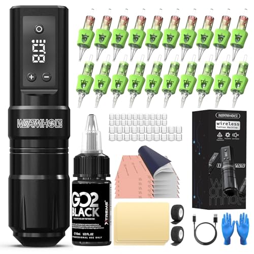 Wormhole Tattoo Kit 73Pcs Tattoo Gun Kit Xtreme Tattoo Ink Complete Wireless Tattoo Pen for Beginner, Portable Tattoo Machine with 1300mAh Battery- Black WTK353