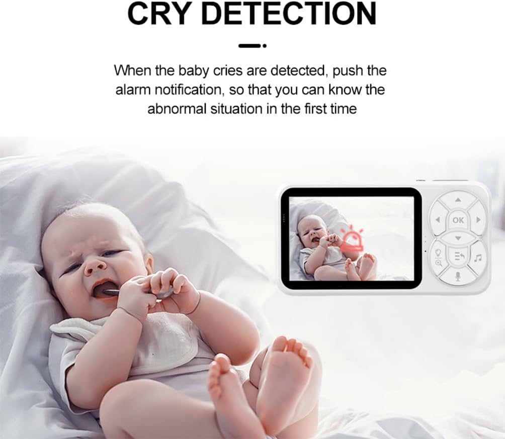 A baby crying, with the TKMARS C3 baby monitor showing an alert icon on its screen, indicating cry detection.