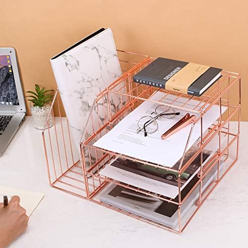 Simmer Stone Stackable File Tray, Wire Desk Paper Organizer for Mails, Documents, Folders and Books, 3-Tier Letter Sorter Tray Plus Display Shelf and Magazine Holder, Rose Gold