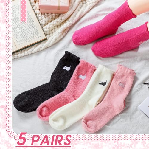 5 Pairs Cat Fuzzy Socks for Women Winter Crew Slipper Socks Pink Soft Thick Home Sleeping Women's Cat Embroidered Cream Ribbed Mid-calf for Fall & Winter Comfort3