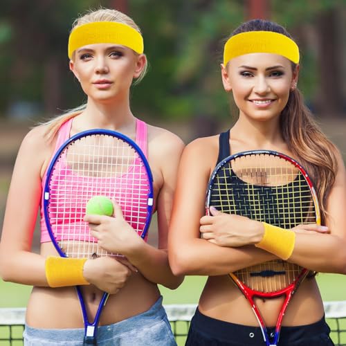Image of 24 Pieces 80s Neon Sweatbands Set, Include 8 Sports Headbands and 16 Sweat Wristbands Elastic Athletic Tennis Sweat Bands Bulk for Man Woman