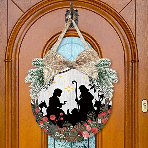 Christmas Ornament Decoration Nativity Scene Wreath Christmas Hanging Sign Rustic Burlap Wooden Holiday Decor For Front Door Xmas Front Door Sign For Xmas Home Window Wall Farmhouse Indoor Outdoor #TOP14