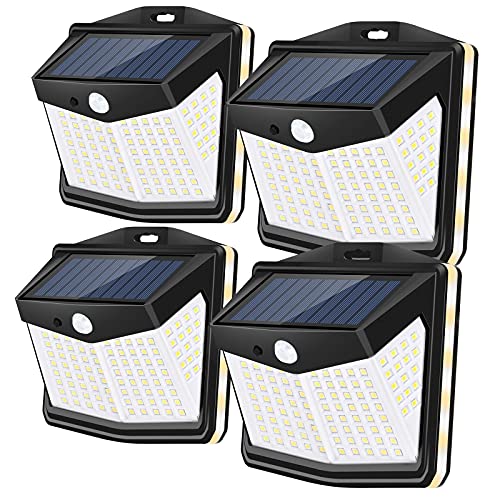HYWGDLT Solar Motion Lights Outdoor 4 Packs 112 LED+ Running Light Belt, 3 Modes Motion Sensor Outdoor Lights, 270° Wide Angle, IP65 Waterproof Solar Wall Lights for Yard Garage Deck