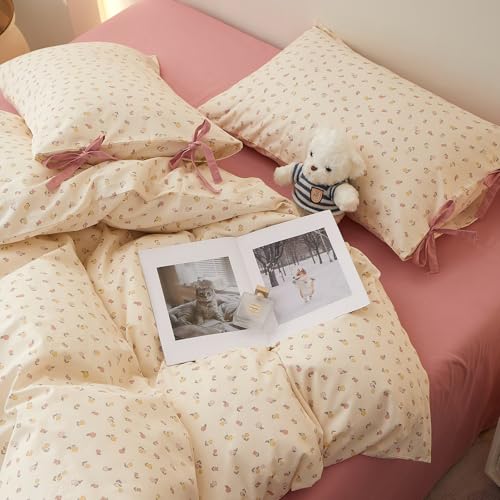 Image of LifeTB Botanical Floral Comforter Set King, Cute Colorful Flowers Pattern Cottagecore Comforter with 2 Bow Ties Pillowcases, Soft Lightweight Bedding Comforter for All Seasons Aesthetic Bedroom Decor