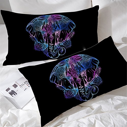 Blessliving Henna Elephant Pillow Cases Set of 2 Black Neon Pillow Case Cover Paisley Lotus Floral Pillow Shams (King)